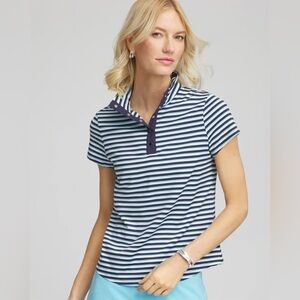 Chico's Navy and White Striped Button-Down Polo Shirt